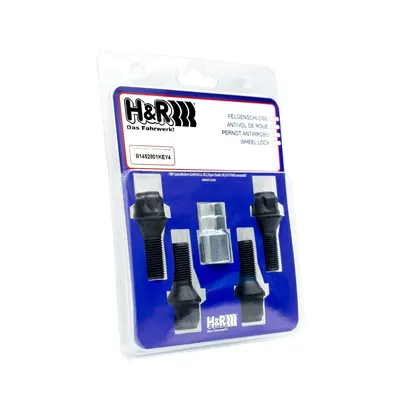 H&R Felgenschloss-Set M14 Kegelbund 60°, M14x1,5, Schaft 28 mm, schwarz – B1452801KEY4