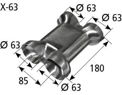 BASTUCK X-Stück mit 2x Eingang Ø 63 mm 2x Ausgang Ø 63 mm, 180 mm lang – universell (X-63)