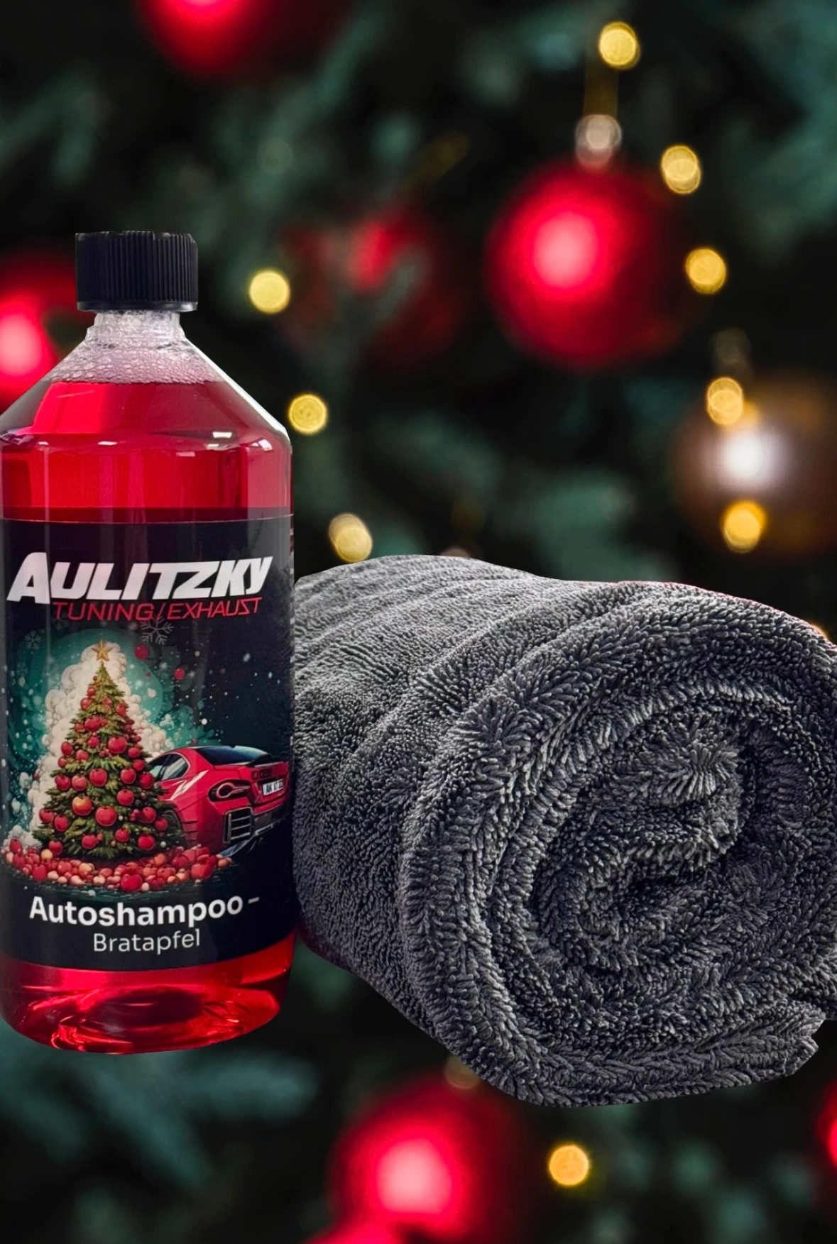 Liquid Elements Autoshampoo "Bratapfel" 1000ml + Trockentuch "Black Hole" 1400GSM, 50x80cm XL grau