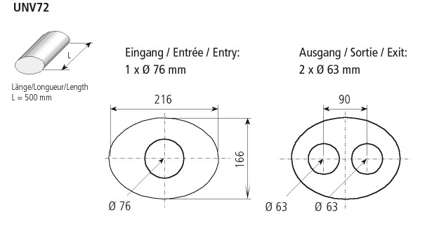 BASTUCK Universal-Schalldämpfer oval 216 x 166 mm, Länge 500 mm – universell (UNV72)
