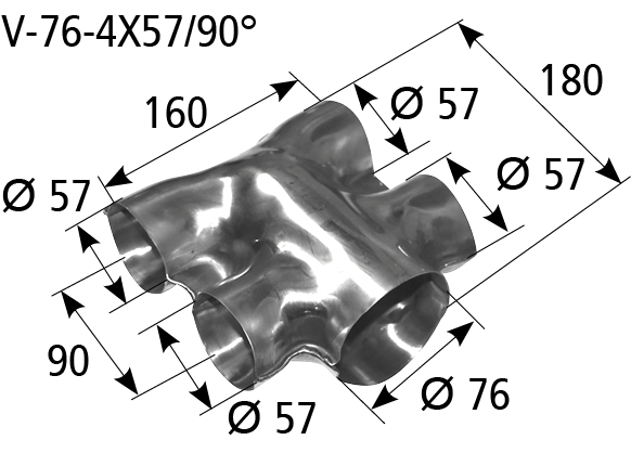 BASTUCK Verteiler Eingang Ø 76 mm 4x Ausgang Ø 57 mm – universell (V-76-4X57/90°)