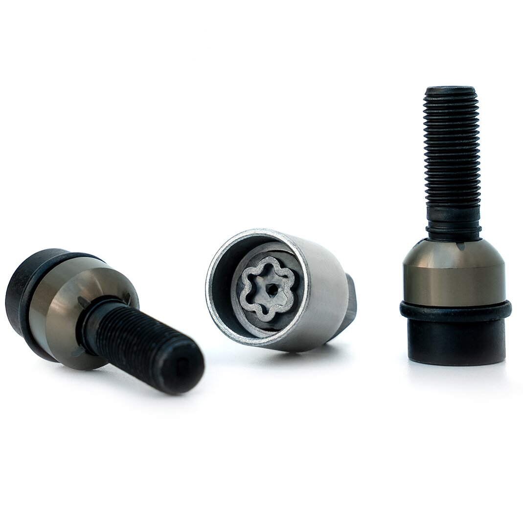 H&R Felgenschloss-Set M14 mit beweglichem Kugelbund R14mm, M14x1,5, Schaft 52 mm, schwarz – B1455206KEY2