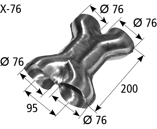 BASTUCK X-Stück mit 2x Eingang Ø 76 mm 2x Ausgang Ø 76 mm, 200 mm lang – universell (X-76)