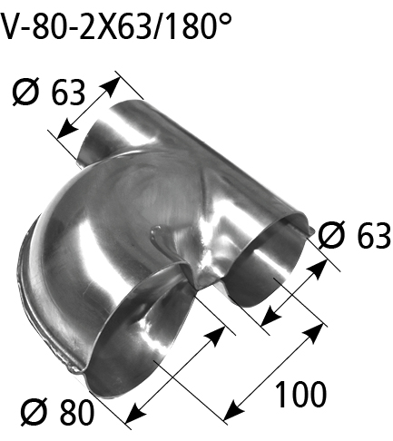 BASTUCK Verteiler Eingang Ø 80 mm 2x Ausgang Ø 63 mm – universell (V-80-2x63/180°)