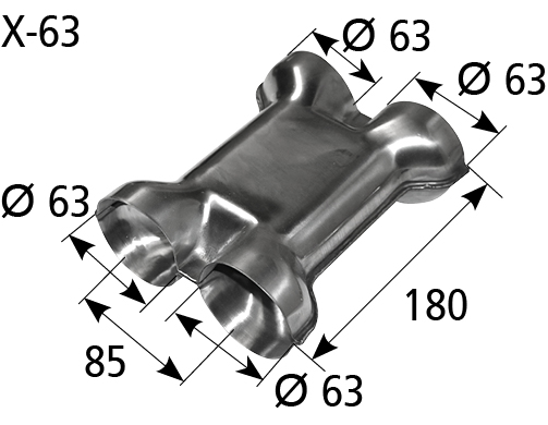 BASTUCK X-Stück mit 2x Eingang Ø 63 mm 2x Ausgang Ø 63 mm, 180 mm lang – universell (X-63)