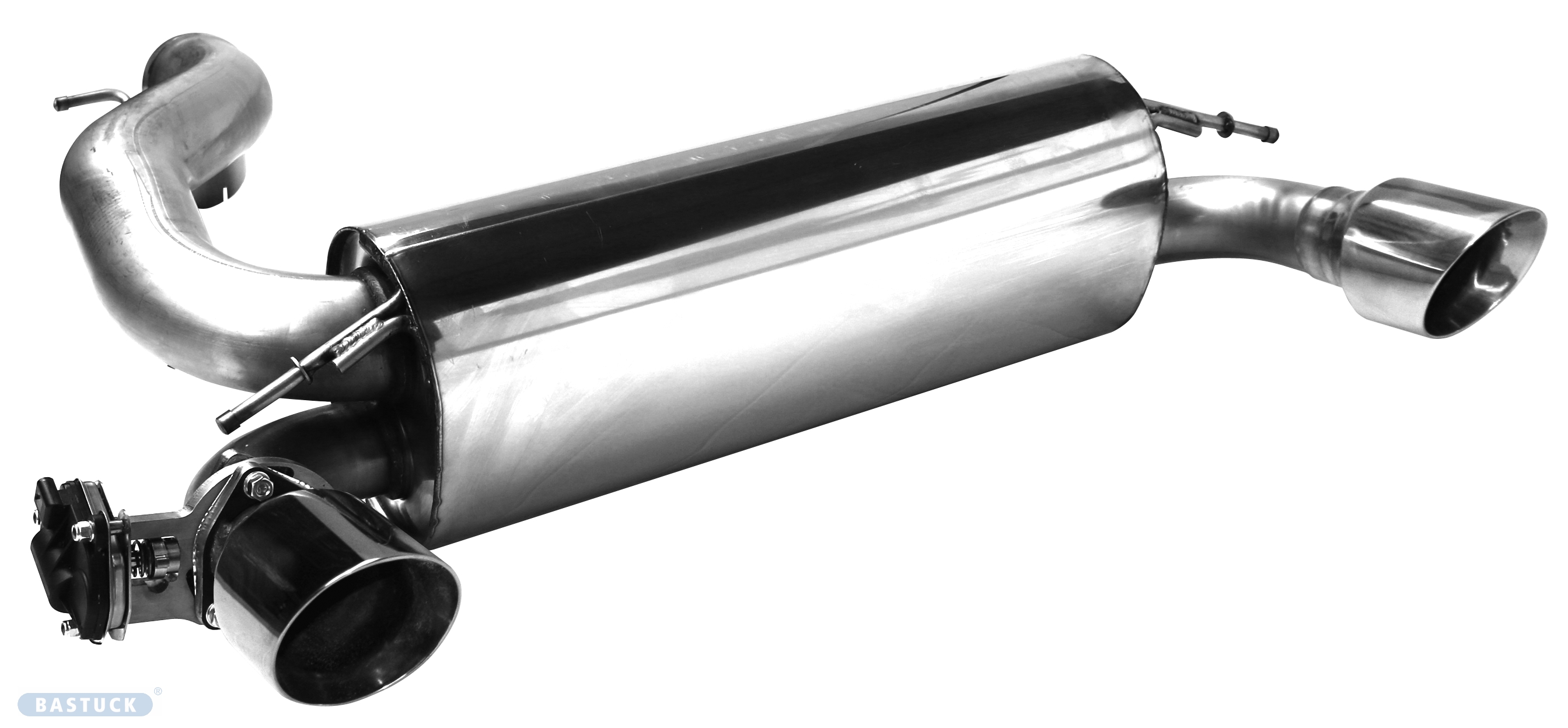 BASTUCK Endschalldämpfer mit Einfach-Endrohr 1 x Ø 100 mm LH + RH 30° schräg mit Abgasklappe für Ford Focus 3