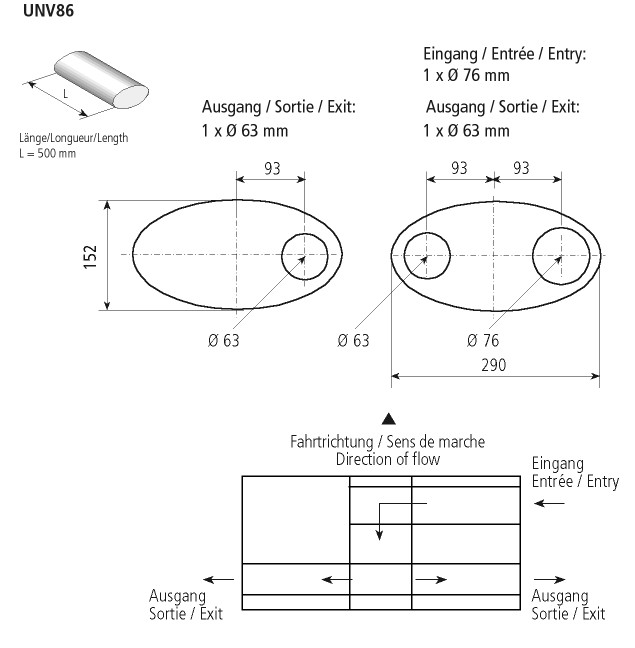 BASTUCK Universal-Schalldämpfer oval querliegend 290 x 152 mm, Länge 500 mm – universell (UNV86)